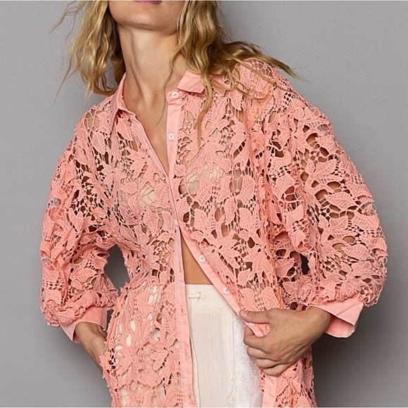 POL Tops - POL Collared Neck Button Up Crochet Lace Shirt Size Medium